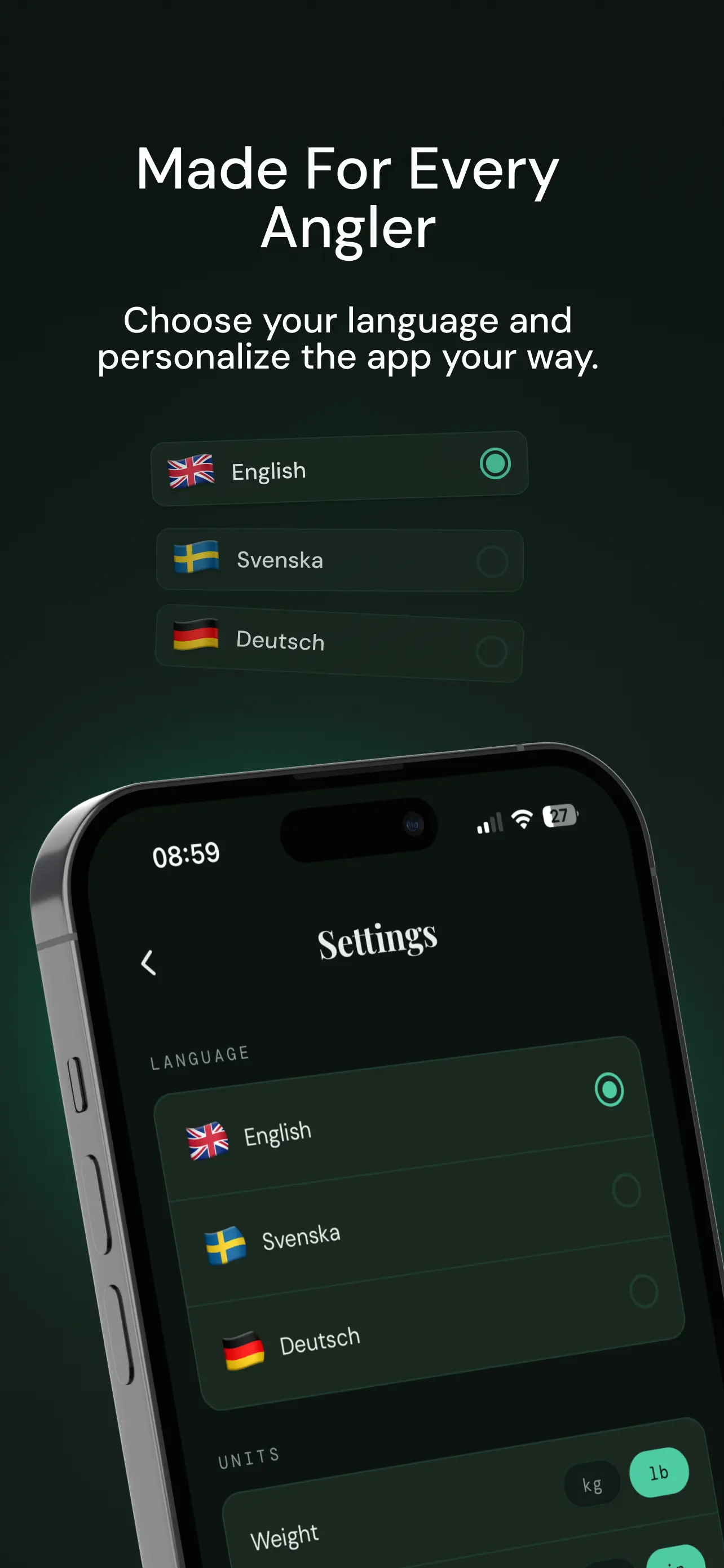 MyFishLog Fishing Journal – Language screen