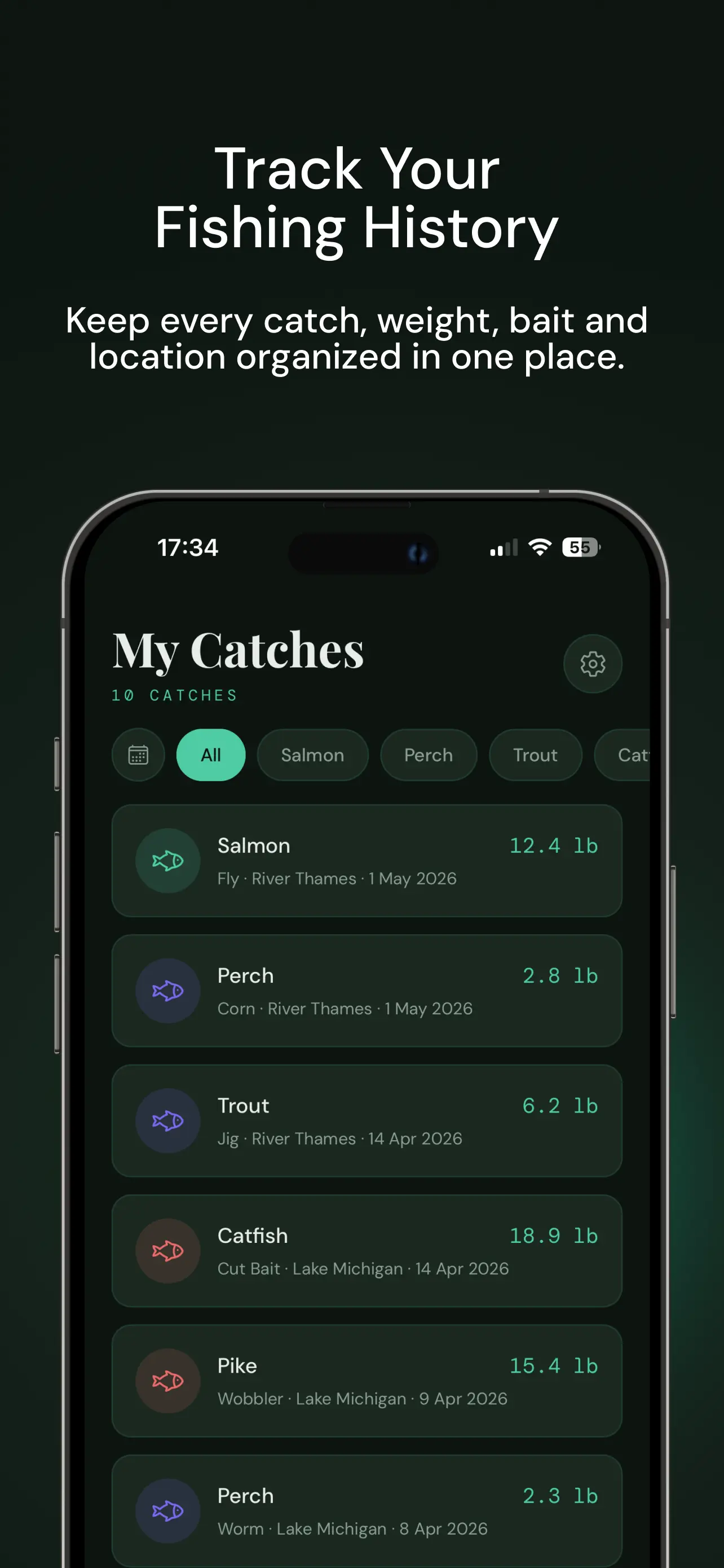 MyFishLog Fishing Journal – My Catches screen