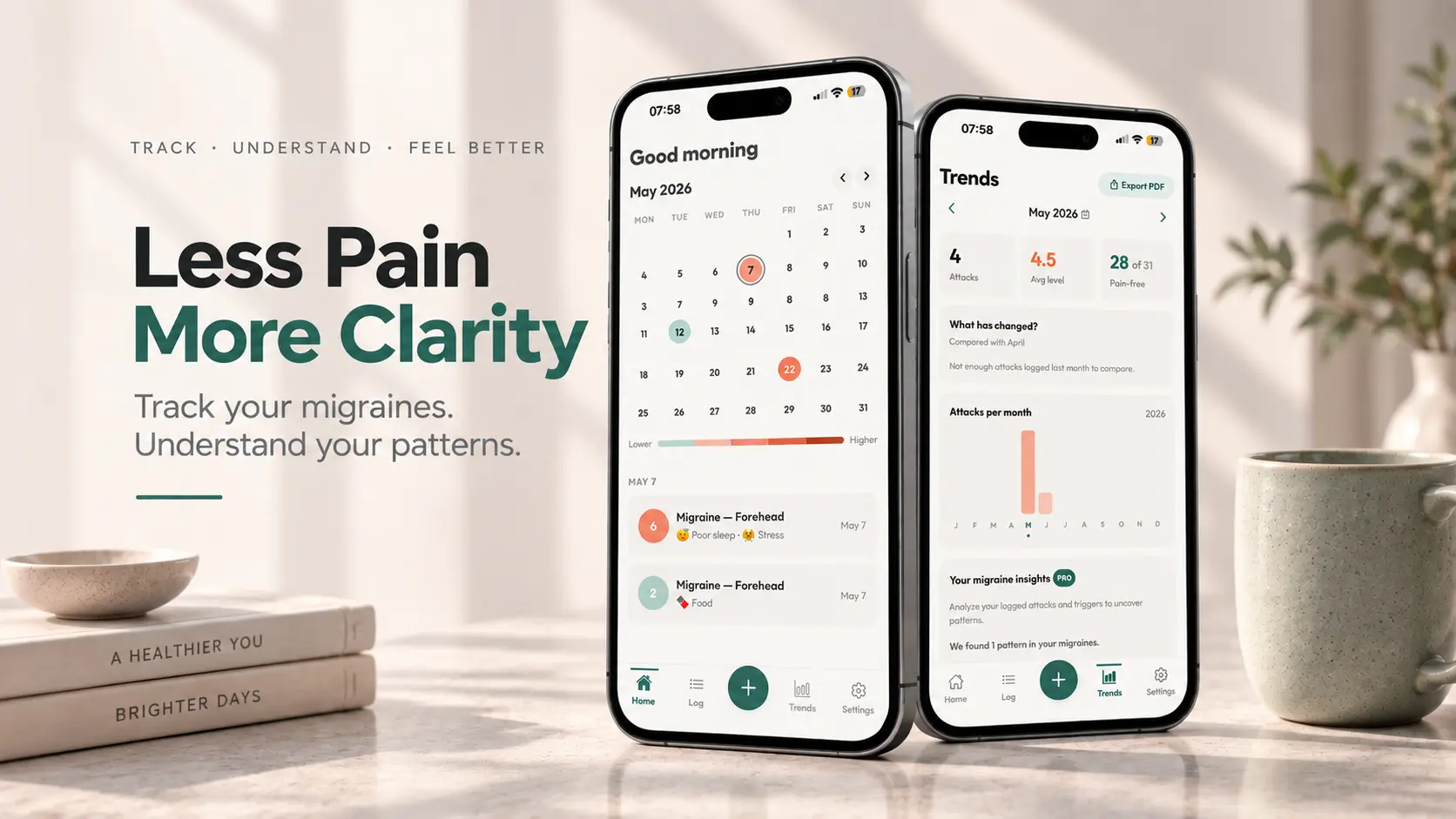 Migraine tracker app showing headache calendar and migraine trends