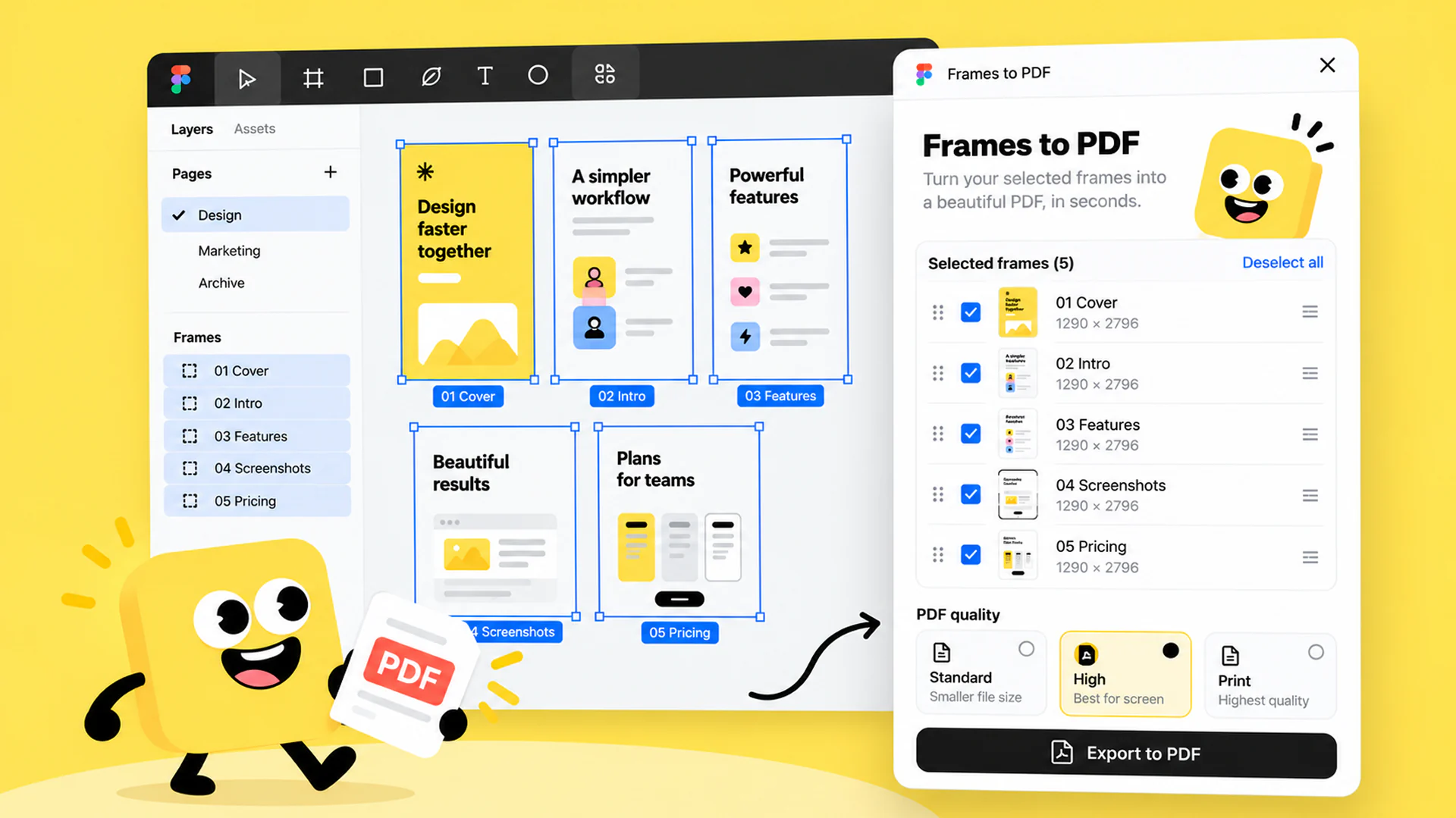 FramezyPop Figma plugin listing five selected frames in page order with Standard, High and Print PDF quality options, next to a yellow mascot carrying a PDF