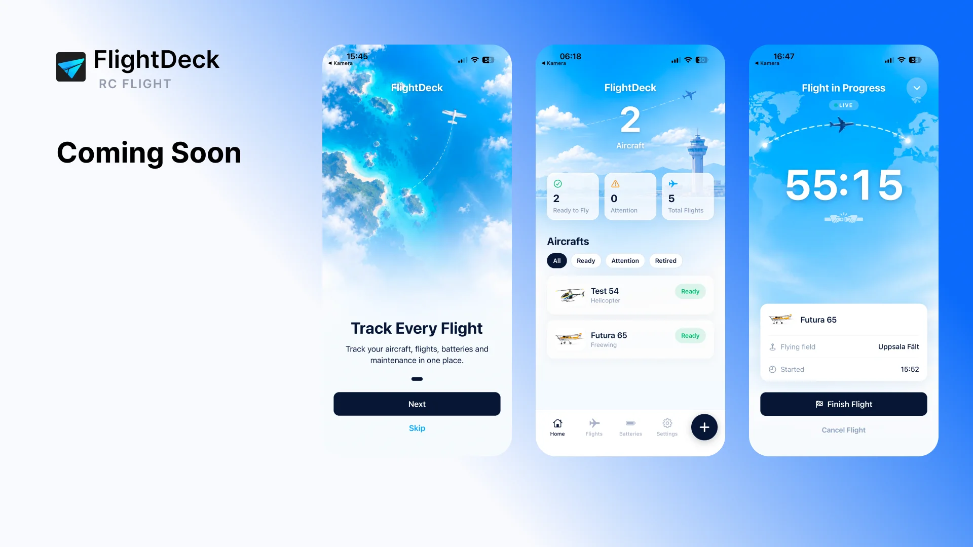 FlightDeck RC flight log for iPhone showing the onboarding screen, the aircraft fleet overview and a live flight timer
